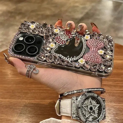 Coque de protection Sanrio Full Diamond Katie pour iPhone, avec miroir Kawaii Bling-bling et nœud mignon, pour 16 15 Pro Max 14 13 12