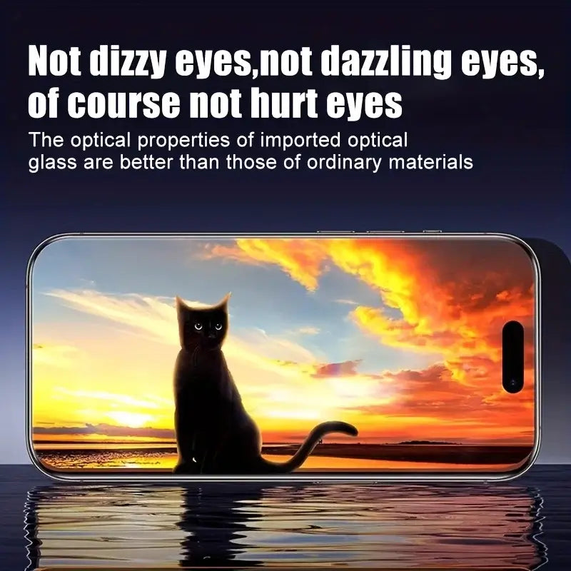 2Pcs Privacy Dust-Free Tempered Glass Screen Protector for iPhone with a cat silhouette on a sunset background.