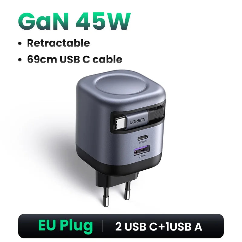 UGREEN 45W GaN Retractable Cable Charger UFCS PPS QC PD 3.0 For iPhone 17 16Pro Samsung S25 iPad Macbook Air Tablet Fast Charger