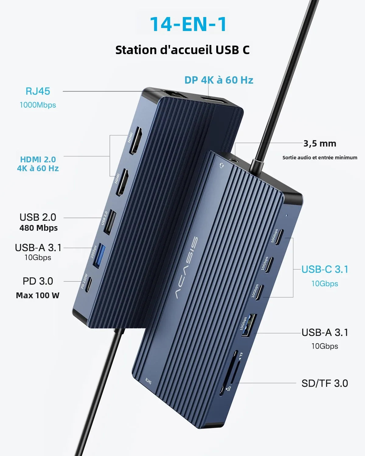Acasis 14 in 1 USB-C Docking Station 4K 60HZ Resolution PD 100W Input 85W Output for Laptop