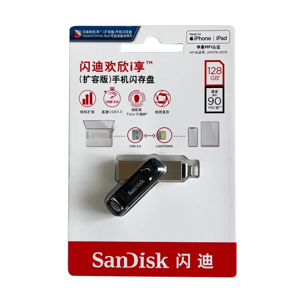SanDisk Lightning USB3.0 iXpand Flash Drive Luxe 256GB The 2-in-1 Flash Drive 128GB For iPhone/ iPad Pro/Mac IX60N/70N/90N