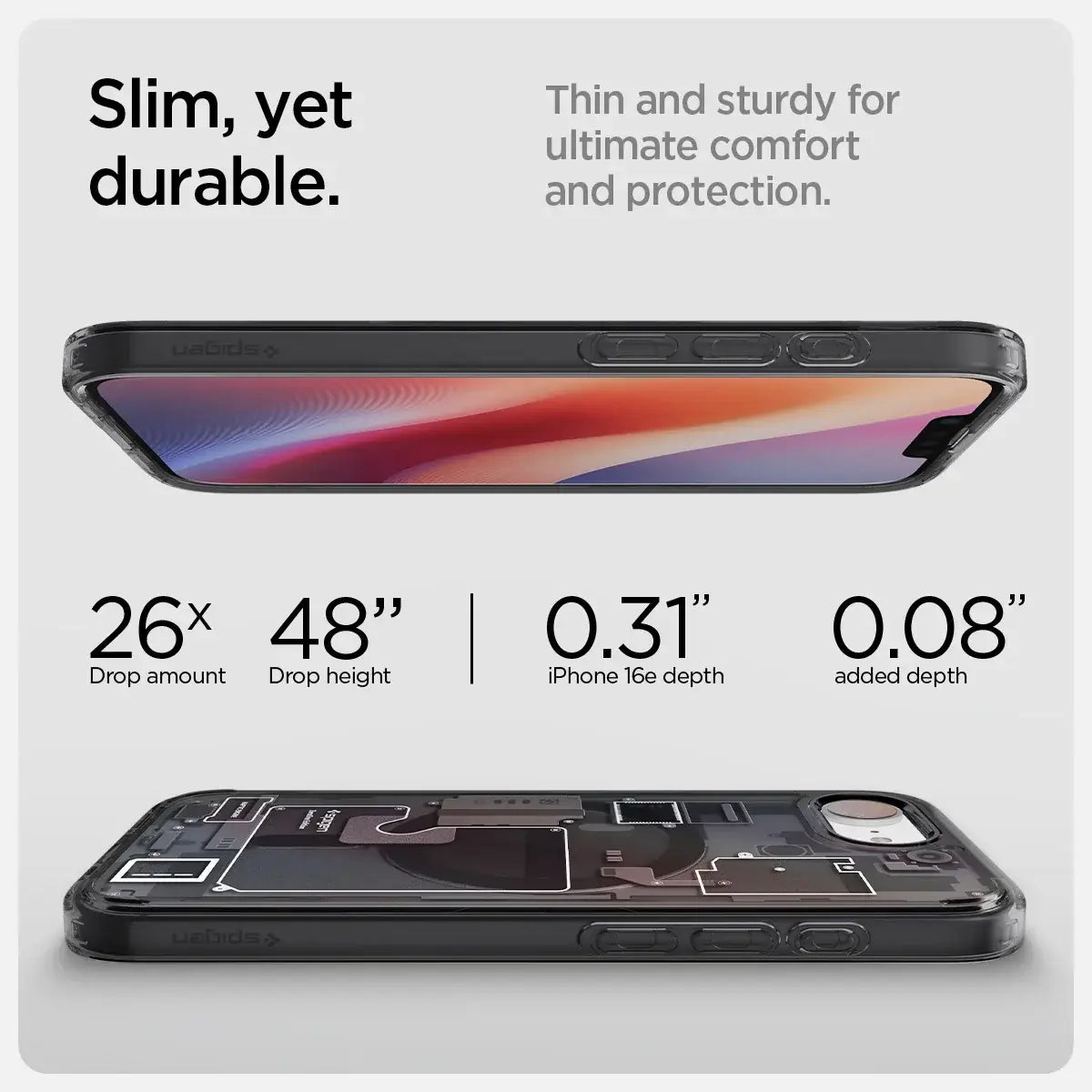 Spigen Ultra Hybrid MagFit Zero One MagSafe Case for iPhone 16e (2025) - Slim yet durable design with protection details.