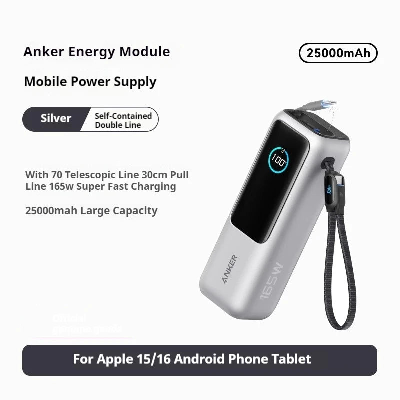 Anker Zolo 25000mah Power Bank 165W PD Fast charging With Built-In Retractable Cables Mobile Power For iPhone16 MacBook Laptop