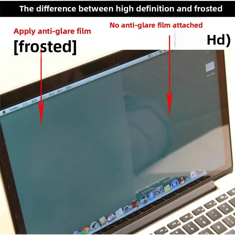 Comparison image showing MacBook Pro 16 screen film High-definition versus frosted anti-glare film applied.