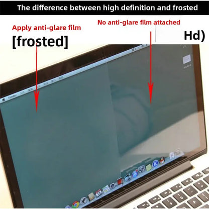 Comparison image showing MacBook Pro 16 screen film High-definition versus frosted anti-glare film applied.