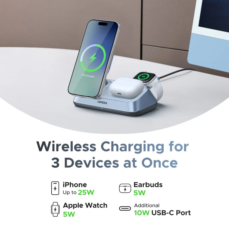UGREEN Qi2 25W magnetic wireless charger stand — 3-in-1 MagSafe fast charging for iPhone and AirPods