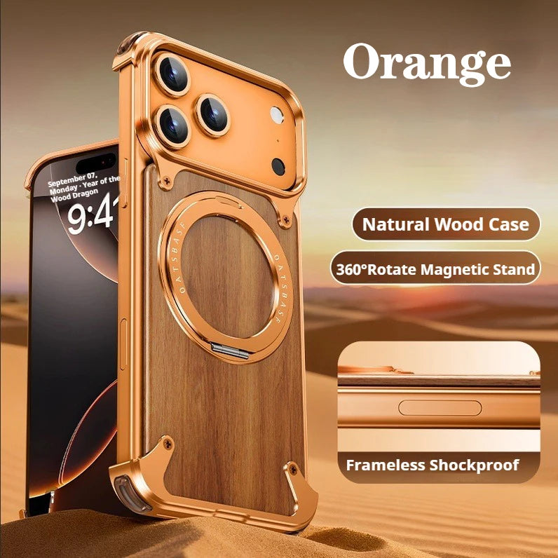 Eary Natural Wood for iPhone 17 Pro Max 17 Air Case Frameless with MagSafe 360°Rotation Phone Stand Shockproof Protective Cover