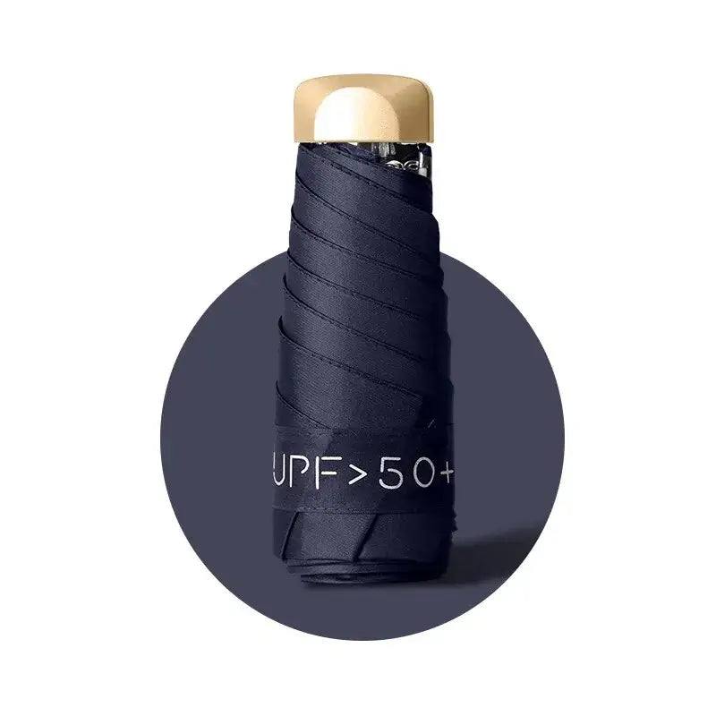 UV protection women’s umbrella in navy fabric with gold cap, designed for sun and rain protection.