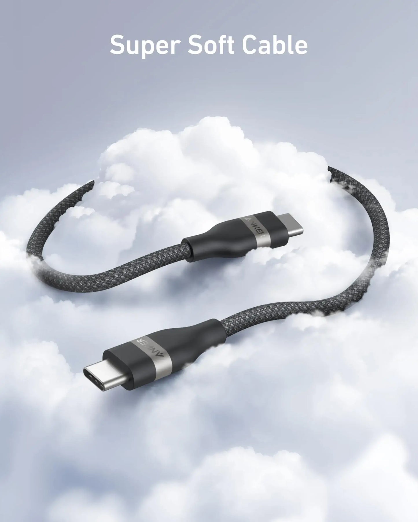 Anker USB-C to USB-C Cable Upcycled-Braided 240W Fast Charging on a cloud background with a focus on its soft texture.