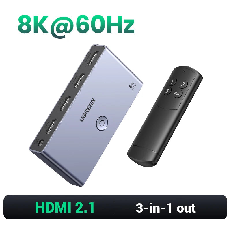 UGREEN HDMI 2.1 2.0 8K Switch 3 in 1 Out with Remote Control 8K@60Hz, 4K@120Hz Converter Splitter Switcher For Xbox PS5 Monitors