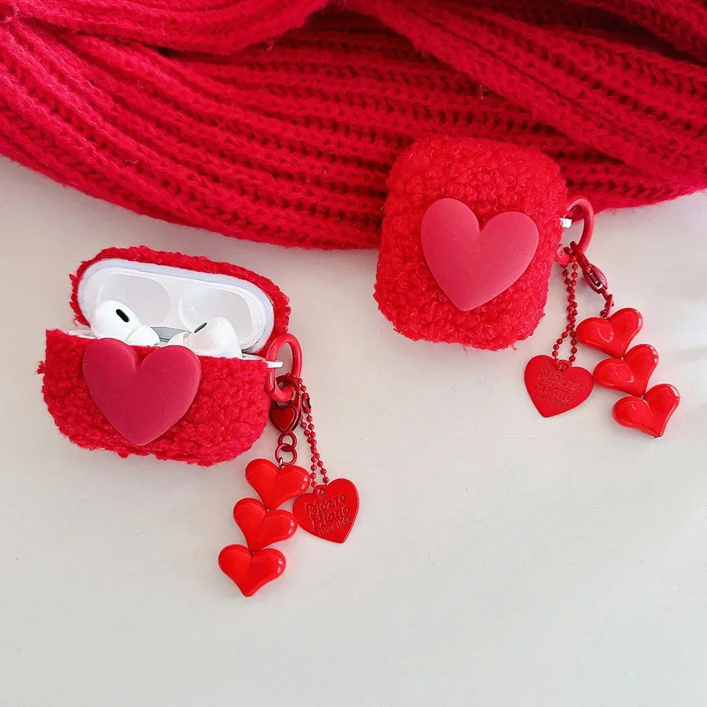 Red Fiber Plush 3D Love Soft TPU Earphone Case for AirPods 1 2 3 4 Pro 2 Silicone Protection Cover Luxury Heart Chain Pendant