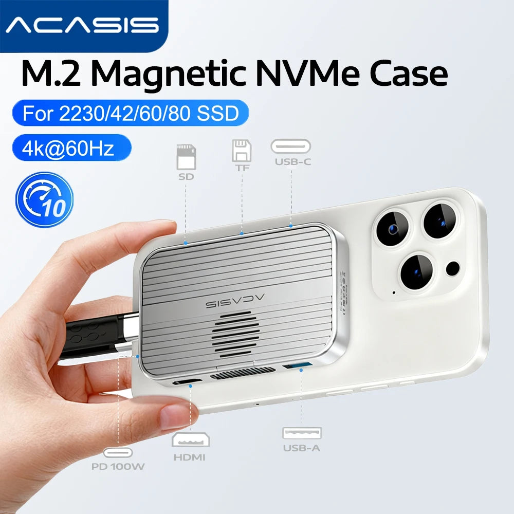ACASIS M.2 NVMe SSD Enclosure Magnetic USB C Docking Station 10Gbps with Cooling Fan for iPhone 16/15 Pro 2230/42/60/80 NVME SSD