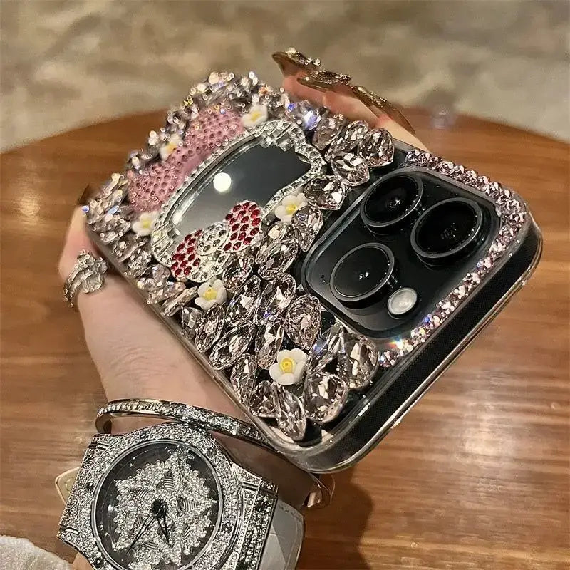 Coque de protection Sanrio Full Diamond Katie pour iPhone, avec miroir Kawaii Bling-bling et nœud mignon, pour 16 15 Pro Max 14 13 12