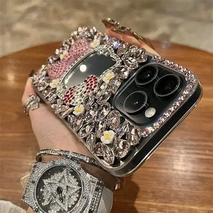 Coque de protection Sanrio Full Diamond Katie pour iPhone, avec miroir Kawaii Bling-bling et nœud mignon, pour 16 15 Pro Max 14 13 12