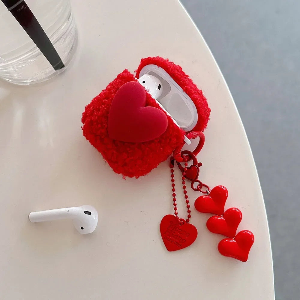 Red Fiber Plush 3D Love Soft TPU Earphone Case for AirPods 1 2 3 4 Pro 2 Silicone Protection Cover Luxury Heart Chain Pendant