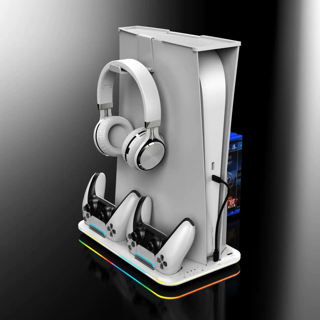 PS5 controller charging station with RGB lighting and headset holder