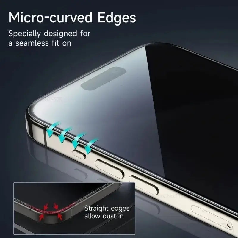 Micro-curved edges of 3pcs Anti-Spy Tempered Glass for iPhone 17 Promax, ensuring a seamless fit and protection.