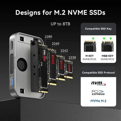 Acasis 10 Gbps Magnetic M.2 NVMe SSD Enclosure – USB-C Dock 4 K Hub compatibility details for M.2 NVMe SSDs.