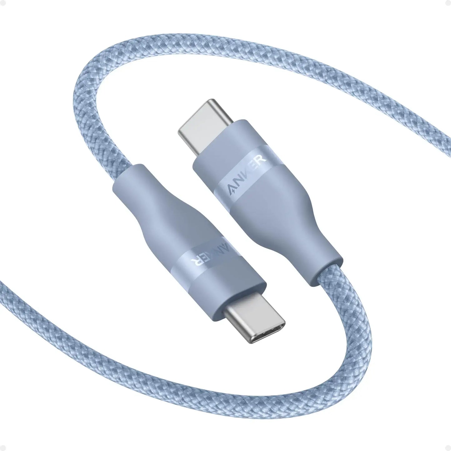 Anker USB-C to USB-C Cable Upcycled-Braided 240W Fast Charging in blue color with detachable connectors.