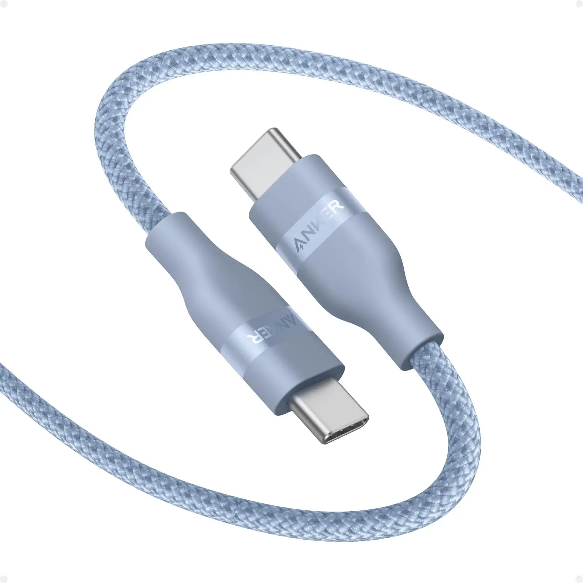 Anker USB-C to USB-C Cable Upcycled-Braided 240W Fast Charging in blue color with detachable connectors.