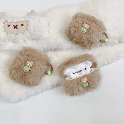 Cute Plush 3D Bear Earphone Case for Apple Airpods 1 2 Pro Protective Cover Fluffy For Air pods Pro2 3 Funda with Star Keychain