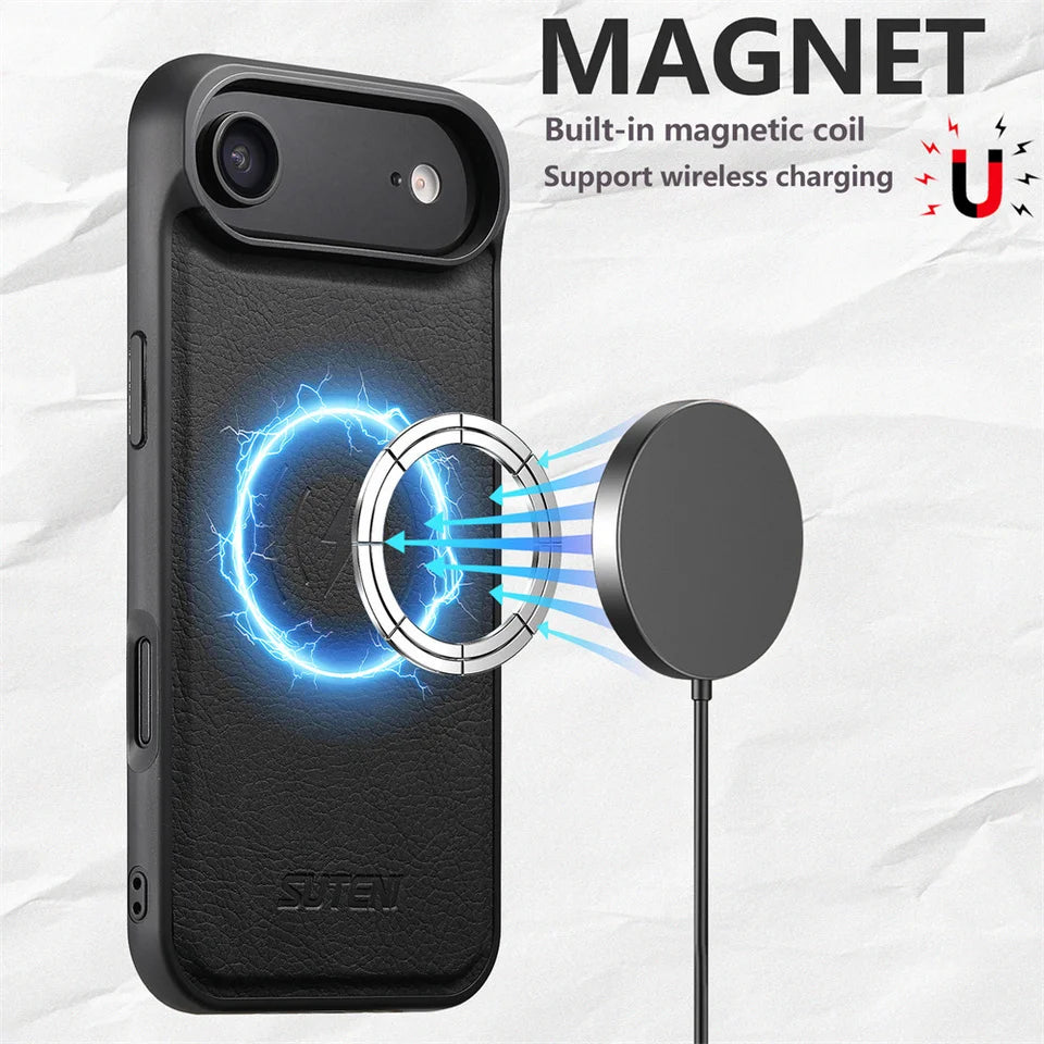 for Magsafe Phone Case For iPhone 17 Air 13 14 15 16 17 Pro Max Luxury Leather Magnetic Wireless Charging Back Cover K0027