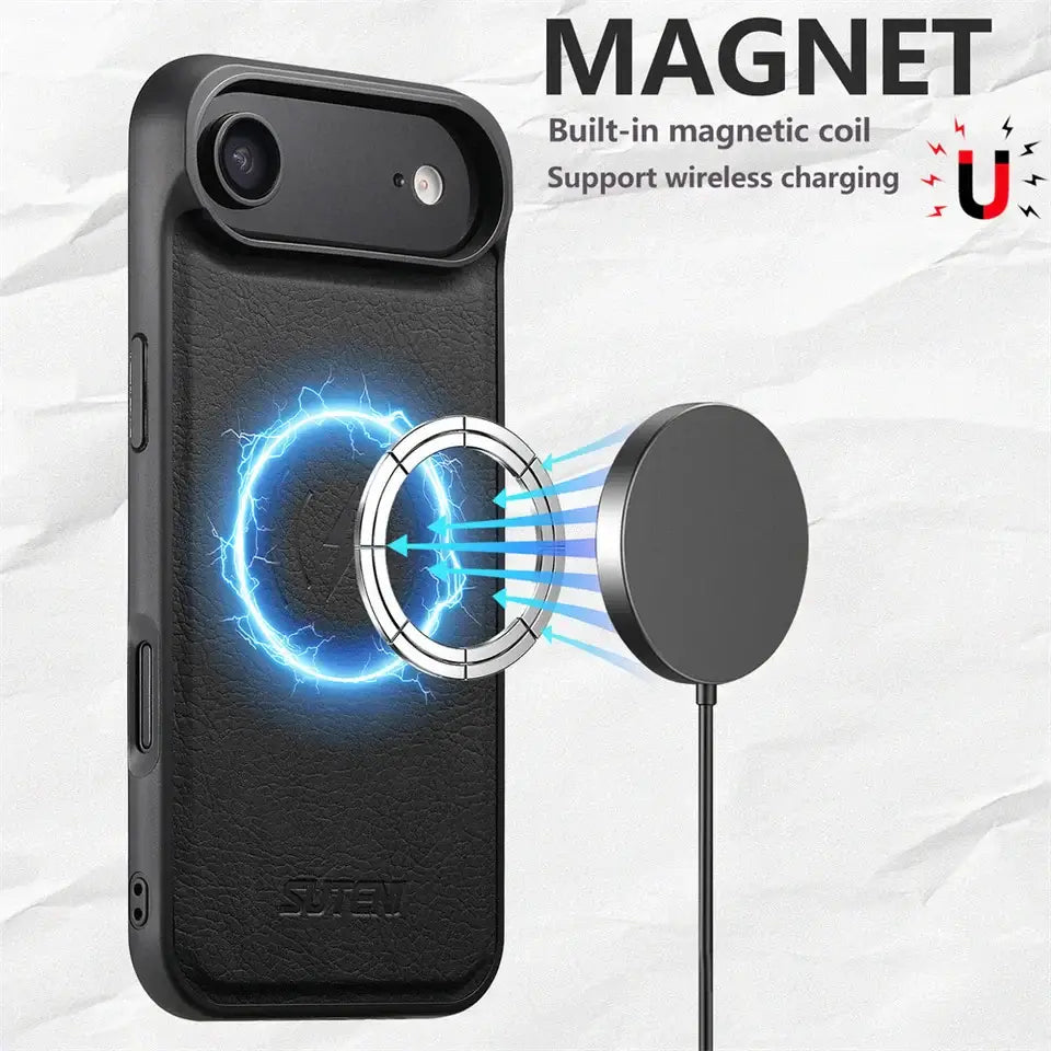 for Magsafe Phone Case For iPhone 17 Air 13 14 15 16 17 Pro Max Luxury Leather Magnetic Wireless Charging Back Cover K0027