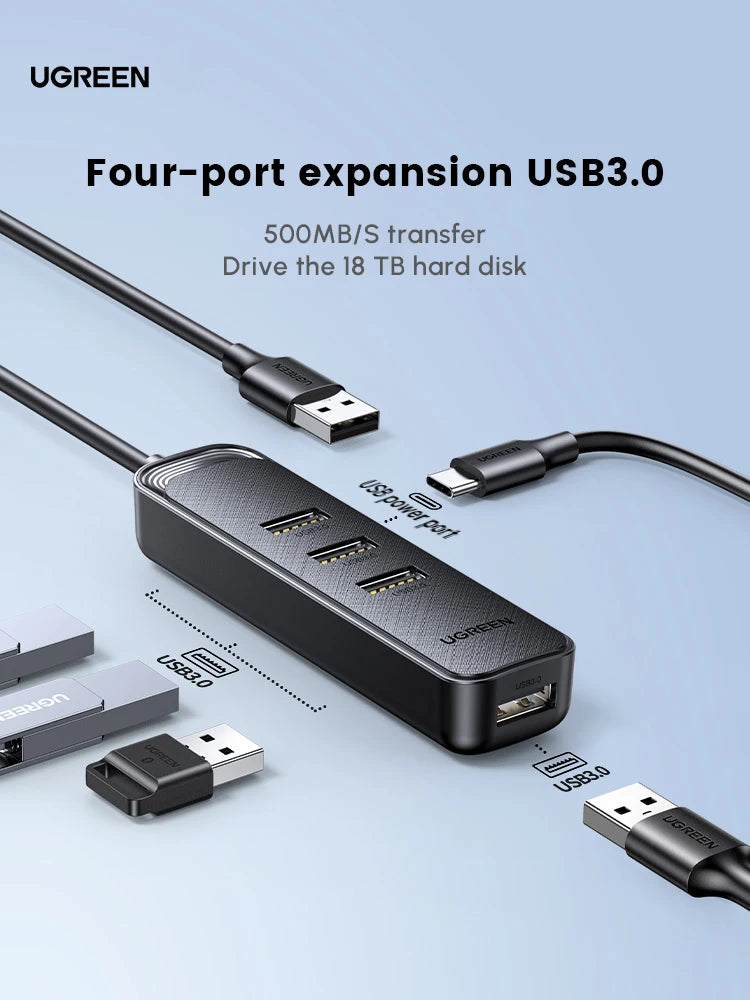 UGREEN 4-Port USB 3.0 Hub, ABS USB Splitter, 5 Gbps Data Transfer, USB Extender for Laptop