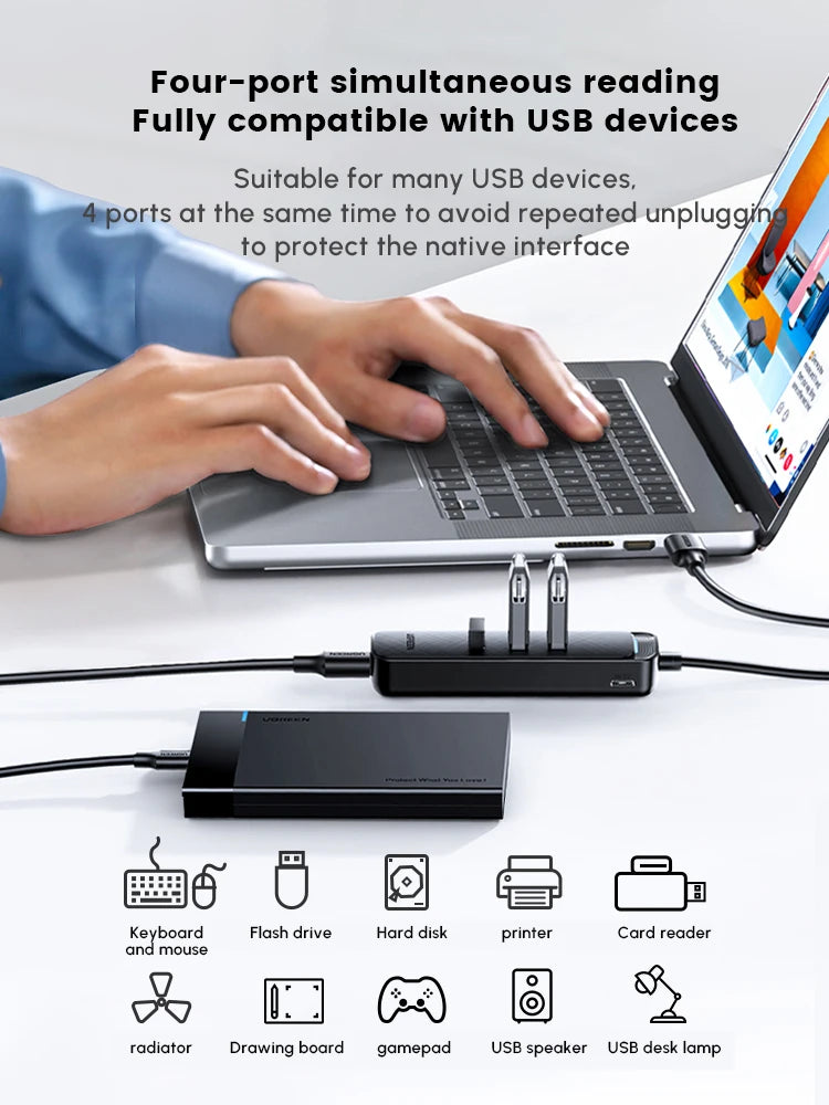 UGREEN 4-Port USB 3.0 Hub, ABS USB Splitter, 5 Gbps Data Transfer, USB Extender for Laptop