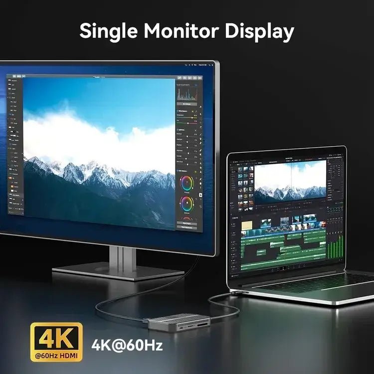 Single monitor display setup showcasing 4K@60Hz resolution with connected laptop and external monitor.