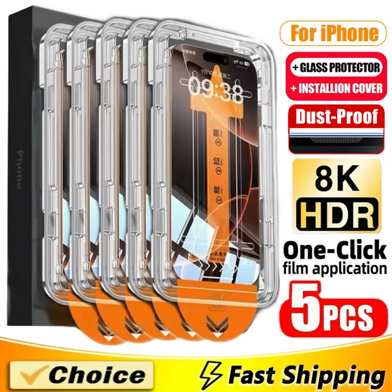 5Pcs Oleophobic Coating Dust Free Easy Installation Screen Protector For iPhone 16 15 14 13 12 11 17 Pro Max XR X XS 7 8 16 Plus