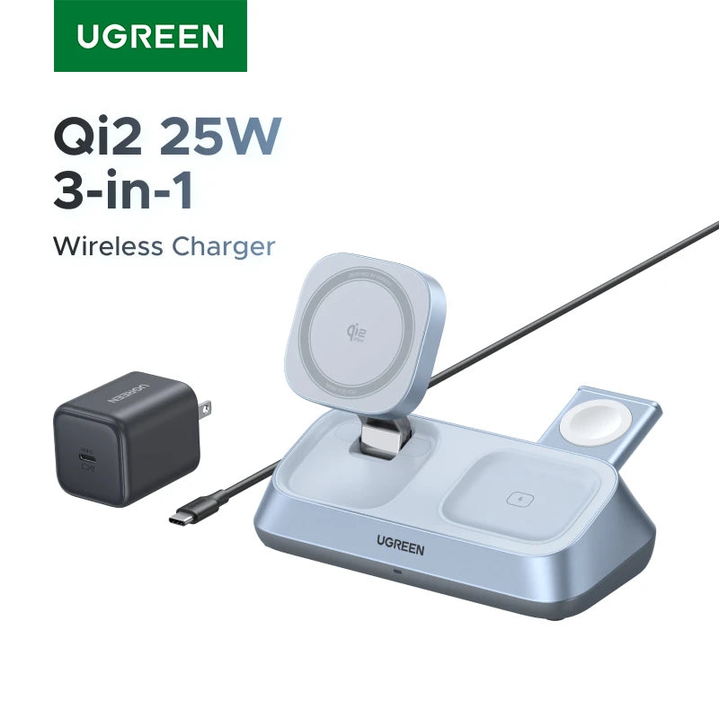 UGREEN Qi2 25W magnetic wireless charger stand — 3-in-1 MagSafe fast charging for iPhone and AirPods