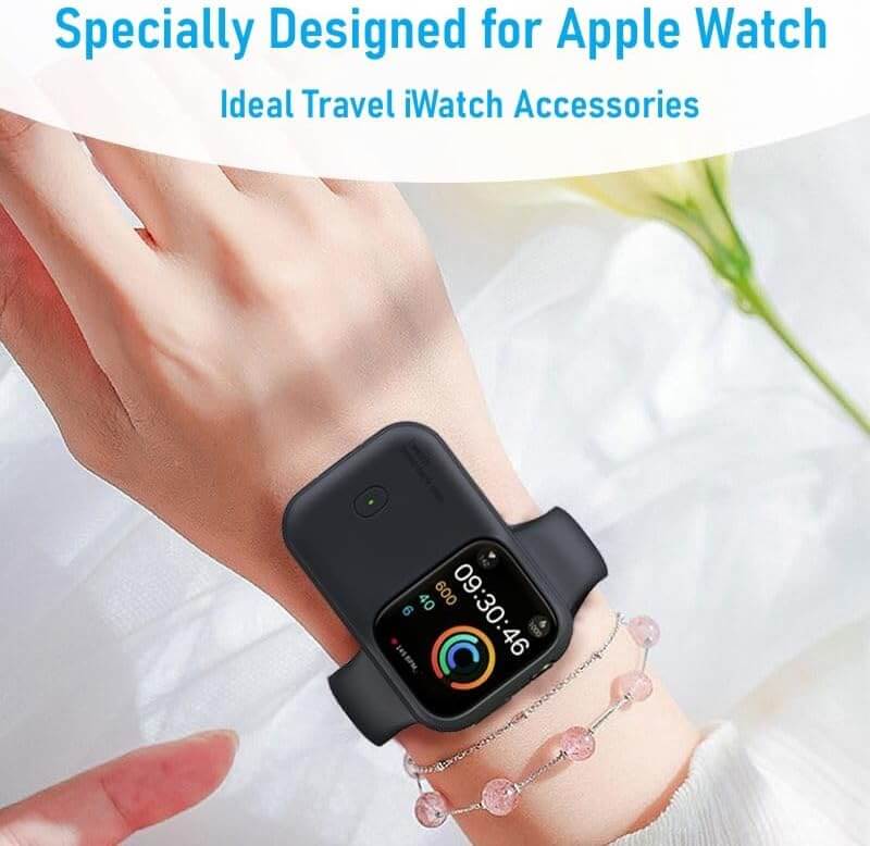 Portable Wireless Power Bank for Apple Watch – 1200mAh Charger on wrist with smartwatch display.