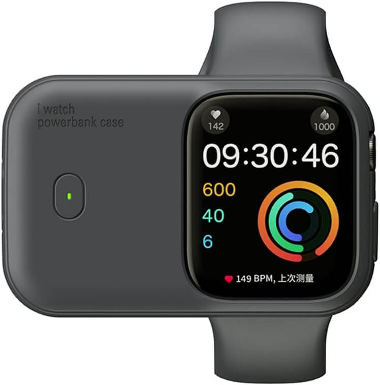 Portable Wireless Power Bank for Apple Watch – 1200mAh Charger displayed on an Apple Watch with health metrics.