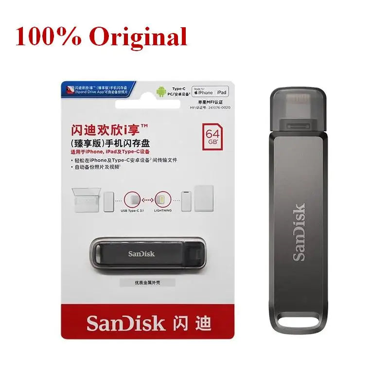 SanDisk OTG iXpand Flash Drive Luxe iX70 Pendrive Type-C & Lightning USB 64GB 128GB 256GMetal Memory Stick for iPhone Mac Laptop