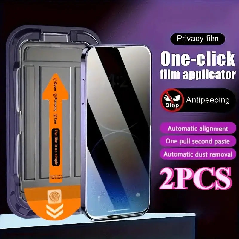 2Pcs Privacy Dust-Free Tempered Glass Screen Protector for iPhone with one-click film applicator