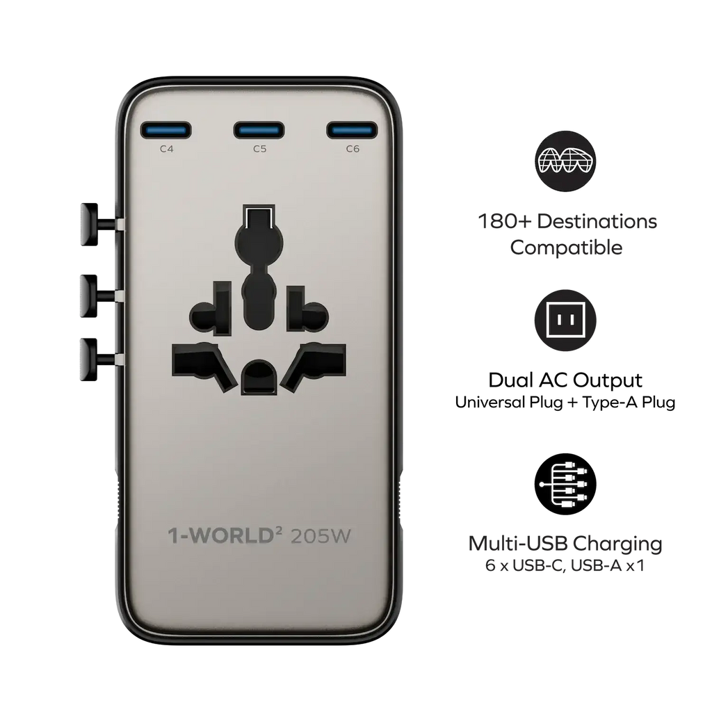 MOMAX 1-World 205W 7-Port Dual AC Travel Adapter GaN Charger