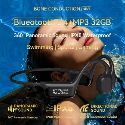 Écouteurs à Conduction Osseuse Bluetooth 5.4 Écouteurs sans Fil Étanche IPX8 pour la Natation et le Sport, avec Lecteur MP3 et 32 Go de RAM