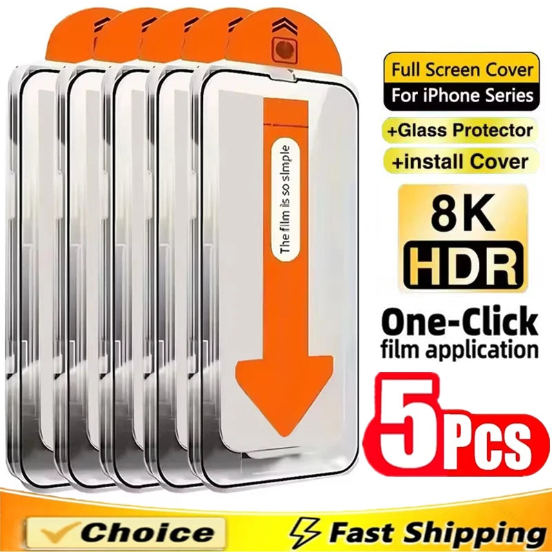 5Pcs Oleophobic Coating Dust Free Easy Installation Screen Protector For iPhone 16 14 15 11 12 13 17 Pro Max XR X XS 7 8 16 Plus
