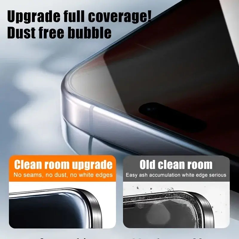 Upgrade full coverage dust-free bubble for iPhone 2Pcs Privacy Dust-Free Tempered Glass screen protector. Comparison of clean and old clean room.