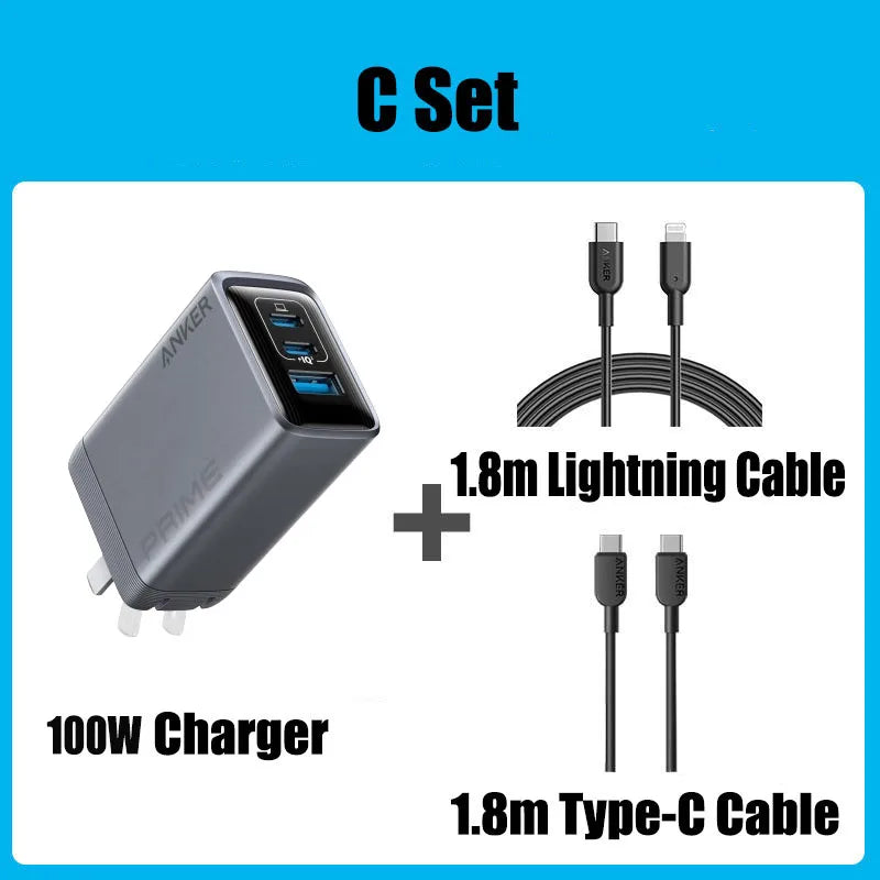 Anker Prime Charger, 100W USB C Charger, 3-Port GaN Foldable and Compact Wall Charger for MacBook, iPad, iPhone Series