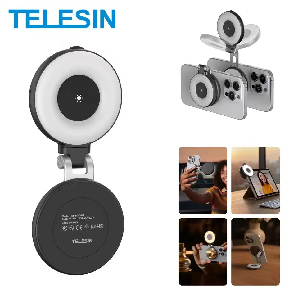 TELESIN Magnetic Fill Light Mini Selfie Ring Fill Lamp 3 Modes with Mirror Light for iPhone 17 16 15 14 Samsung VIVO HUAWEI MI