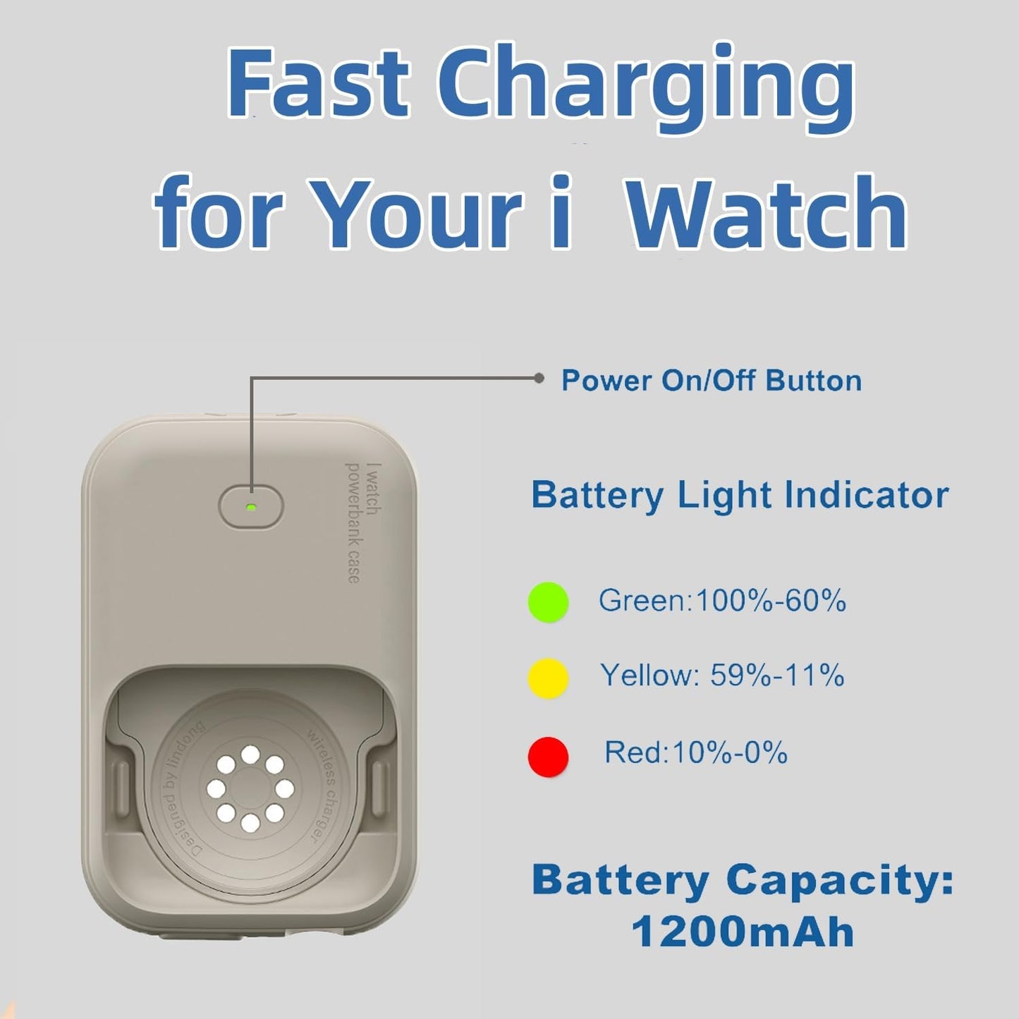 Portable Wireless Power Bank for Apple Watch – 1200mAh Charger showing battery indicator and power button features.