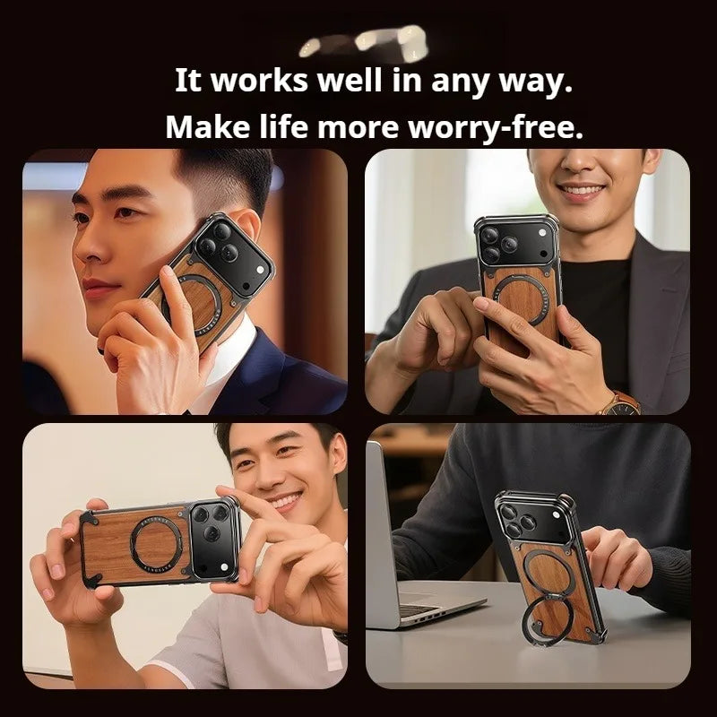 Eary Natural Wood for iPhone 17 Pro Max 17 Air Case Frameless with MagSafe 360°Rotation Phone Stand Shockproof Protective Cover