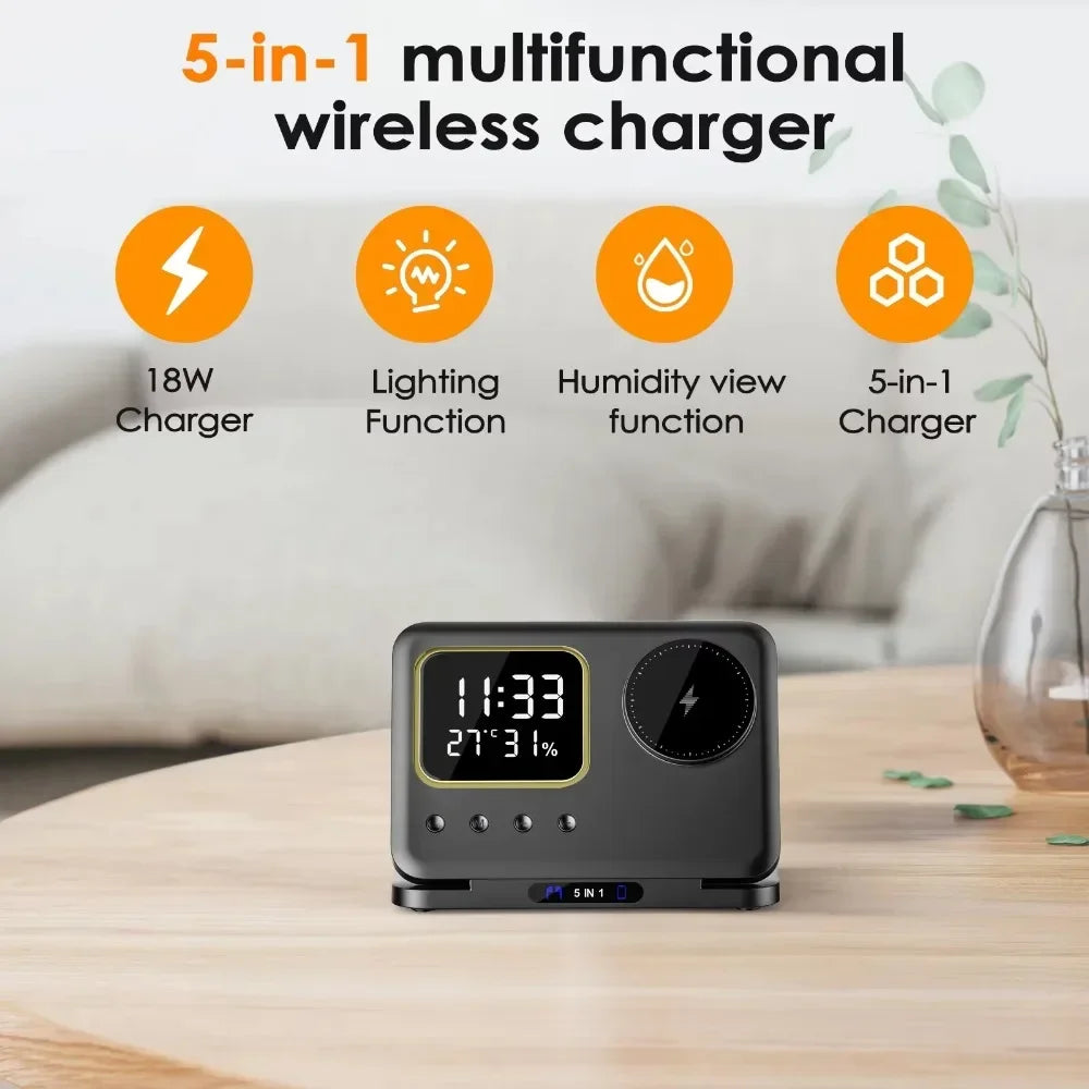 2024 Newest 5-in-1 Qi 15W Quick Magnetic Fast Charging Ugreen Wireless Charger Station with LED Night Lamp and Clock