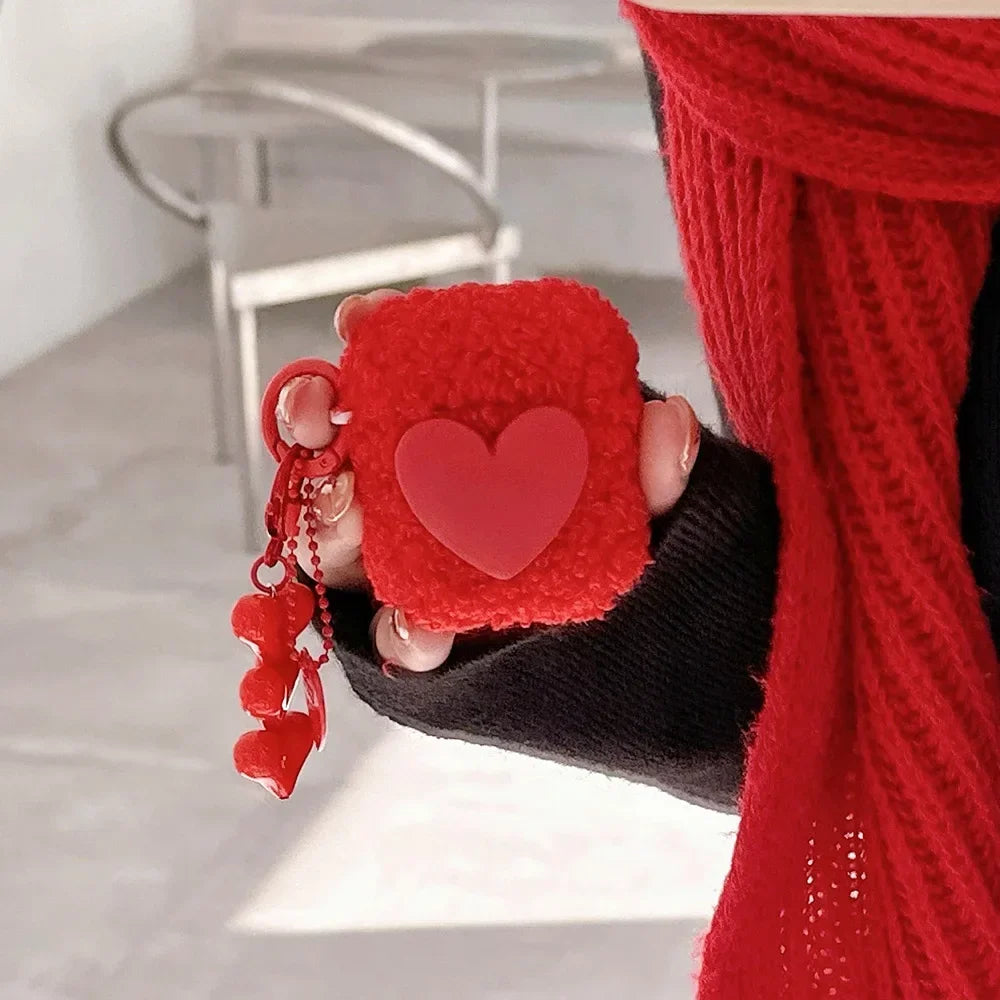 Red Fiber Plush 3D Love Soft TPU Earphone Case for AirPods 1 2 3 4 Pro 2 Silicone Protection Cover Luxury Heart Chain Pendant