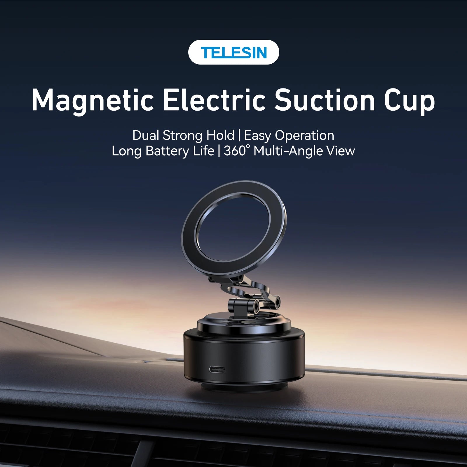 TELESIN Magnetic Electric Suction Cup Car Phone Holder 360° Adjustable Car Mount Stand For Mobile Phone Iphone  Andriod Phone