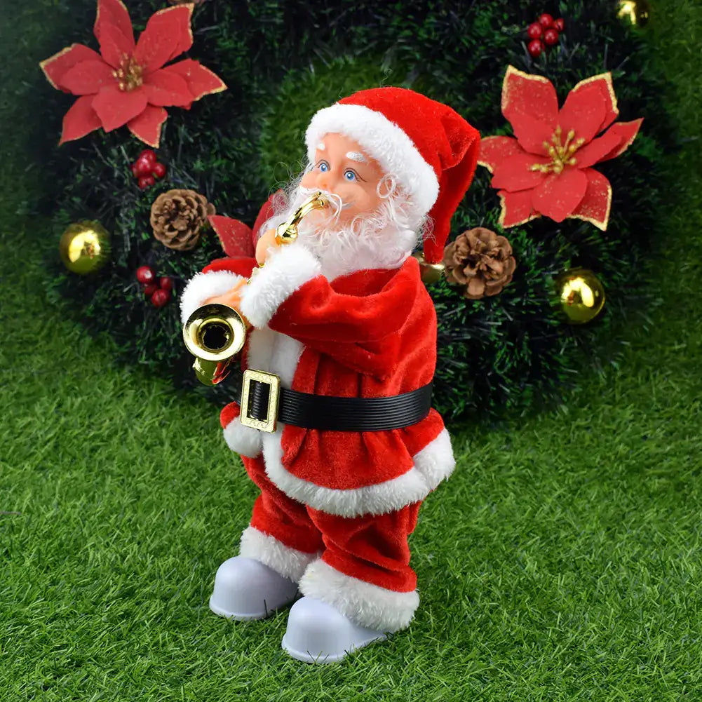 Santa Claus Climbing Toy - Festive Holiday Decor playing a trumpet surrounded by Christmas decorations.
