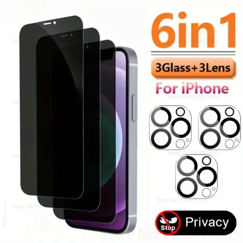 [3+3pcs]3pcs Anti-Spy Tempered Glass for IPhone 17 Promax 15 14 13 Promax 16E 16 Plus 12Mini 13 Promax Air+3pcs Camera Protector