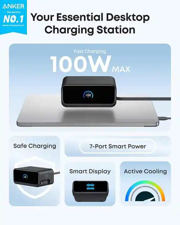 Anker Nano 100W Charging Station 7-in-1 USB-C Power Strip with 2 Anker InstaCord Retract le C le Fast Charging for iPhone